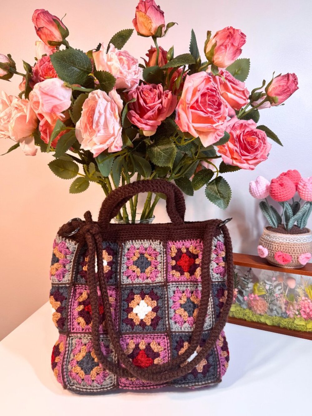 Handmade Berry Granny Square Crochet Tote